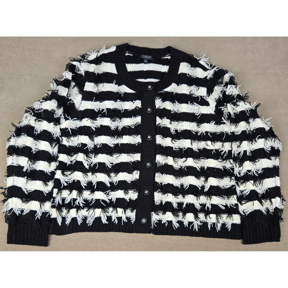 Liverpool Los Angeles Black White Fringe Stripe Cardigan Sweater XL LM8H63SR19